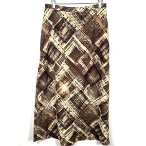 AGB Vintage Maxi Skirt Brown Beige Geometric Diamond Plaid Print Med Earthy Boho